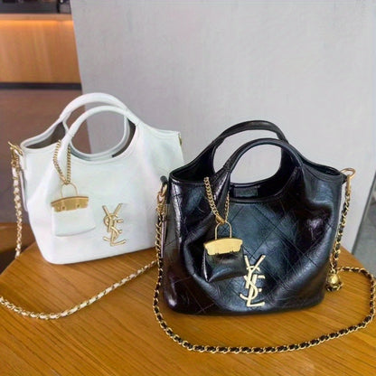 Women’s 2026  Luxury Chain-Link Convertible Handbag – Magnetic Closure Second-Layer Leather Tote with Polyester Lining, 10+ Styling Options (White/Black)