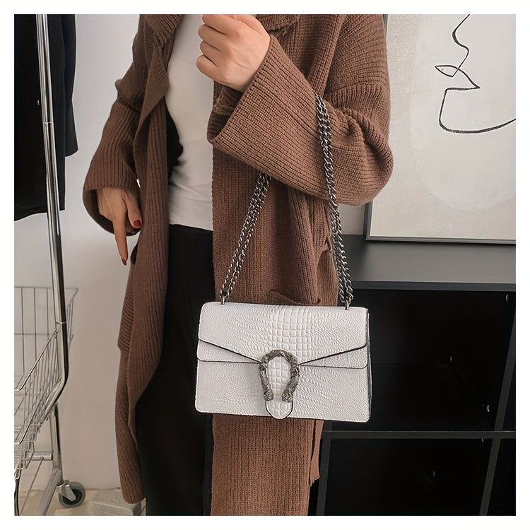 Women’s Luxury Crocodile-Embossed Crossbody Bag – Vintage Faux Leather Shoulder Purse with Adjustable Chain Strap, Zipper & Snap Closure, G-Style Design