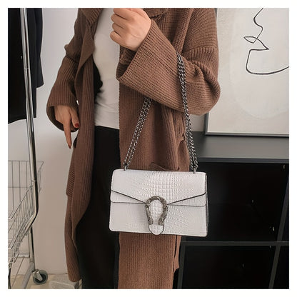 Women’s Luxury Crocodile-Embossed Crossbody Bag – Vintage Faux Leather Shoulder Purse with Adjustable Chain Strap, Zipper & Snap Closure, G-Style Design