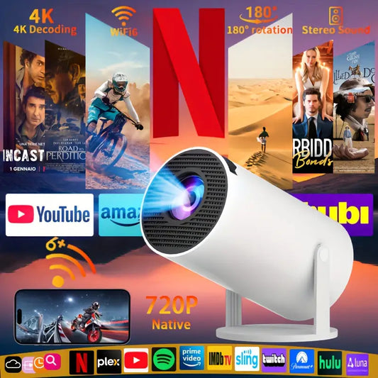 2026 HY300PRO Mini Projector — Portable 720P with WiFi, Bluetooth, 4K Support, Auto Keystone & 180° Rotation, Smart Android 11 for Home or Outdoor Use