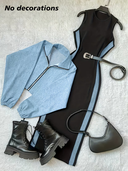 طقم بليزر وفستان نسائي من مجموعة Y2K بألوان متعددة - جاكيت أزرق بأكمام طويلة وسحاب مع فستان بيج بدون أكمام بقصة ضيقة، مناسب للمكتب والشارع في الربيع/الخريف