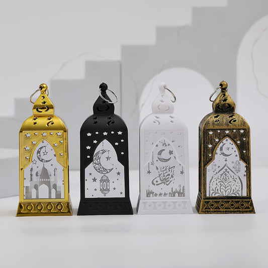 مجموعة من 4 فوانيس LED لشهر رمضان | شموع بلاستيكية قائمة بذاتها بإضاءة علوية، مزينة بتصاميم للصلاة والبركة، تعمل بالبطاريات، بطاريات زر غير قابلة لإعادة الشحن