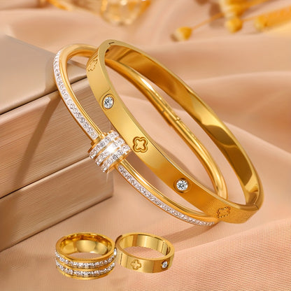 4-Piece Stainless Steel Bracelet & Ring Set – Elegant Interlocking Loop Design with Heart & Rhinestone-Style Accents for Weddings, Parties & Daily Wear