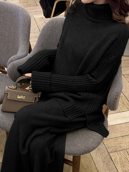 Autumn & Winter Sweater Set – Elegant High-Neck Top with Wide-Leg Pants, Solid Color Casual Chic Outfit