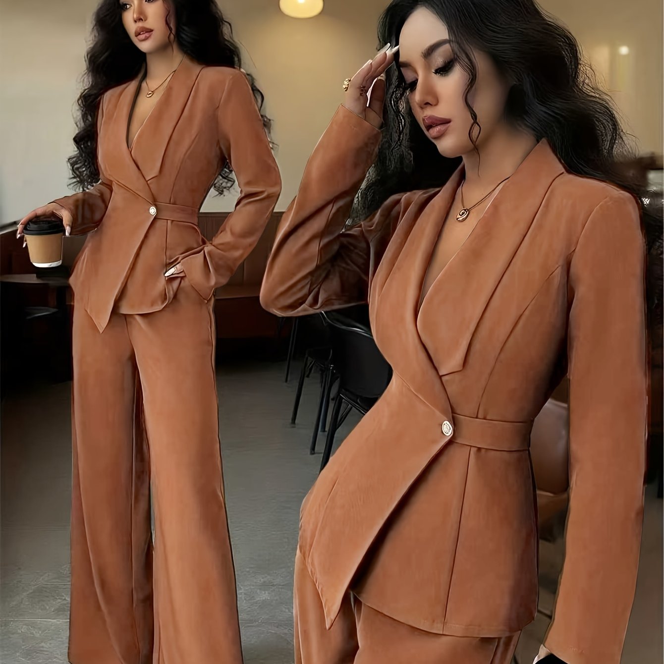 Women’s Elegant Solid Color Pants Suit – Chic Two-Piece Set with Button Details for All-Season Wear