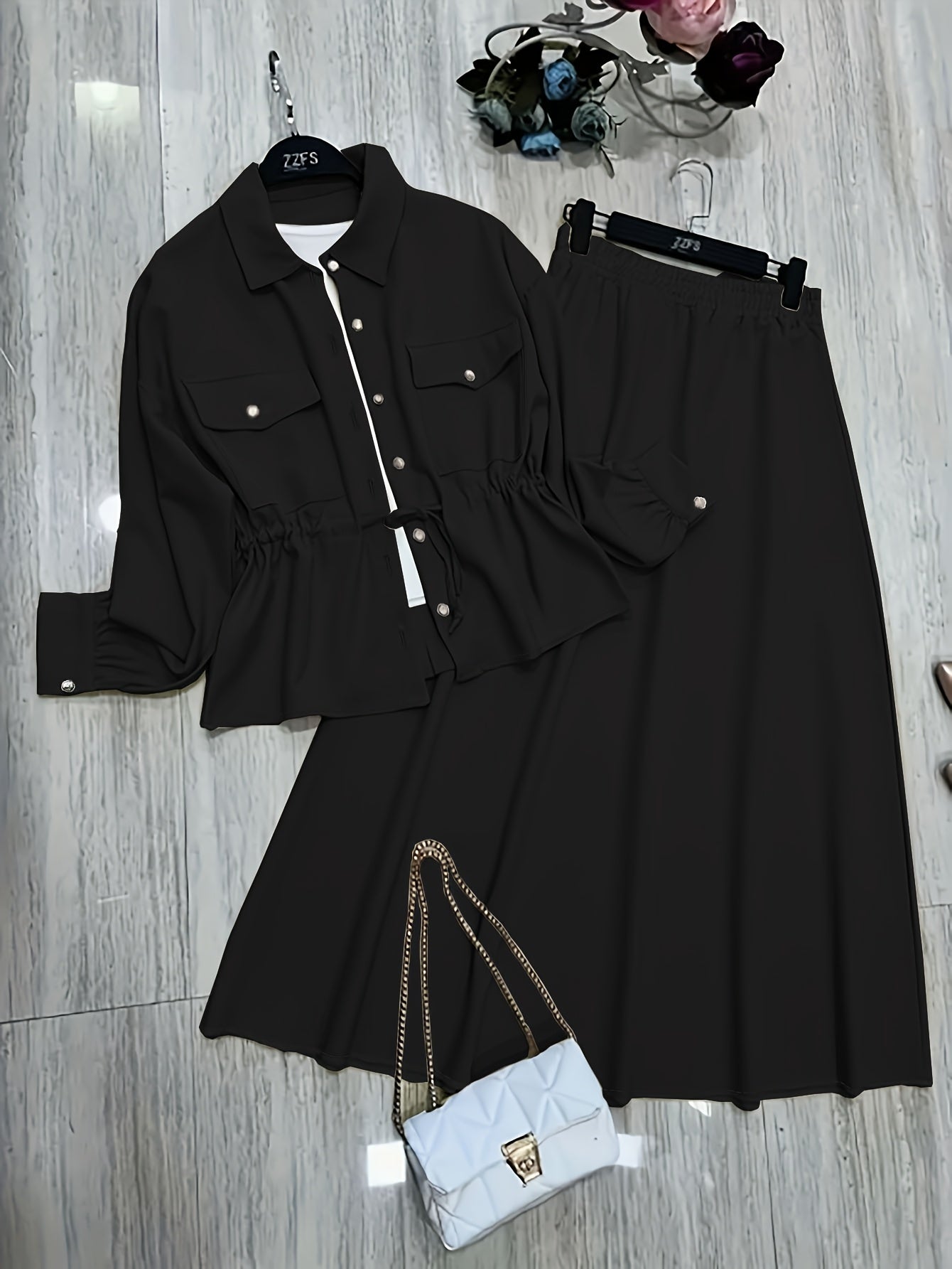 Elegant Women’s Drawstring Waist Top & Skirt Set – Spring/Autumn Collection