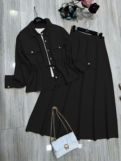 Elegant Women’s Drawstring Waist Top & Skirt Set – Spring/Autumn Collection