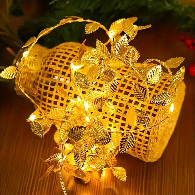 Golden Leaf Garland Fairy Lights | Plastic, Warm White LED, Battery Powered (2 Batteries Not Included), Ideal for Home, Tabletop, Wedding, Ramadan, Special Event Decorations - Featherless, No Batteries Included
