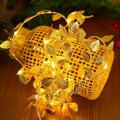 Golden Leaf Garland Fairy Lights | Plastic, Warm White LED, Battery Powered (2 Batteries Not Included), Ideal for Home, Tabletop, Wedding, Ramadan, Special Event Decorations - Featherless, No Batteries Included