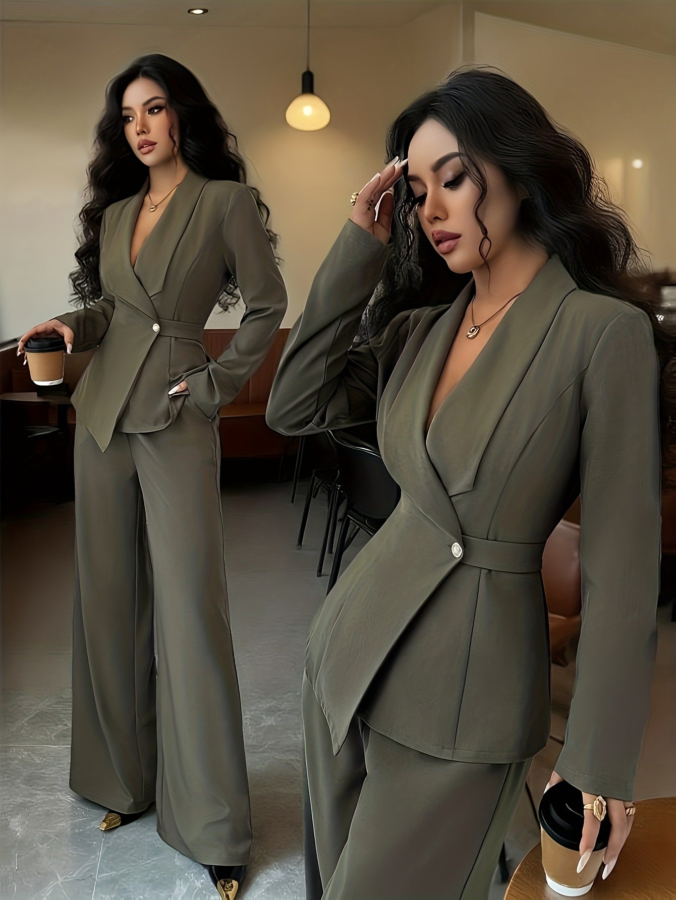 Women’s Elegant Solid Color Pants Suit – Chic Two-Piece Set with Button Details for All-Season Wear