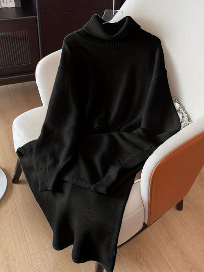 طقم ملابس تريكو نسائي لفصل الخريف والشتاء - فستان طويل فضفاض مع سترة بياقة عالية، بلون واحد