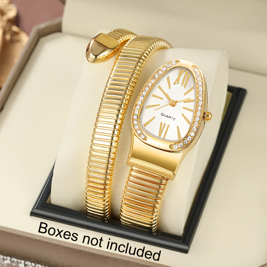 Women’s Elegant Serpentine-Design Quartz Watch – Golden-Tone Alloy Strap with Roman Numerals, Stylish Daily Wear Timepiece