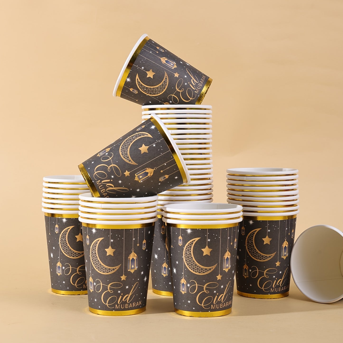 20pcs/40pcs/60pcs Black & Golden Elegant Eid Mubarak Party Disposable 9Oz Paper Cups with Golden Edge | Golden Foil Moon Star Lantern Print, Ideal for Ramadan Kareem Festival Gatherings Valentine Easter