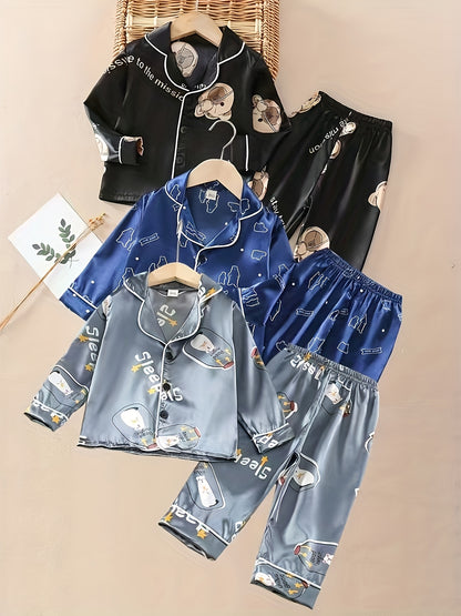 3 Sets (6pcs) Boys’ Cartoon Long-Sleeve Pajama Sets – Casual Non-Stretch Animal Print Sleepwear with Button Front & Cardigan Collar for Spring/Summer/Fall