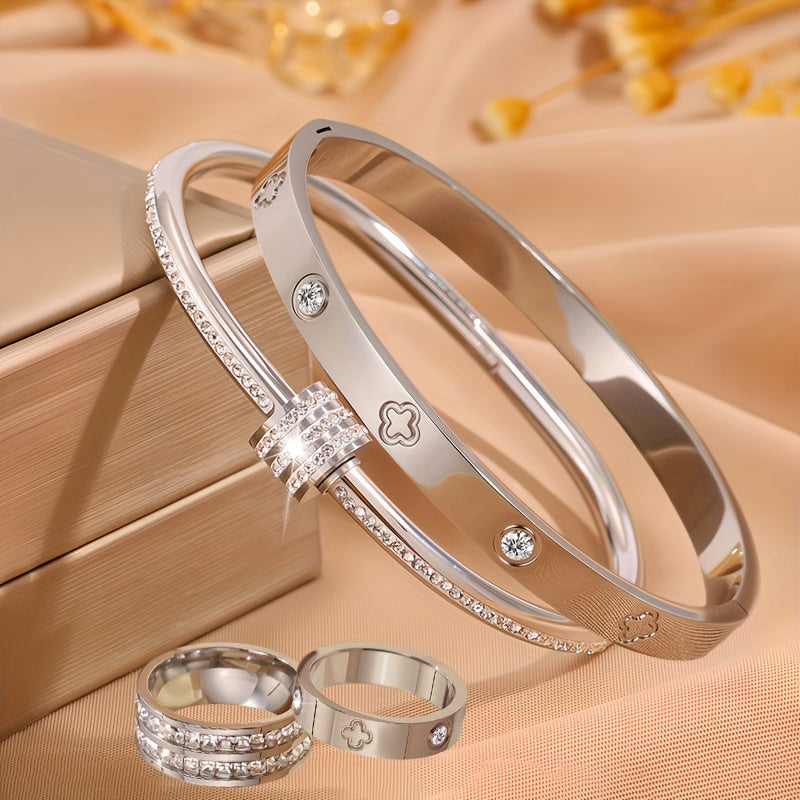 4-Piece Stainless Steel Bracelet & Ring Set – Elegant Interlocking Loop Design with Heart & Rhinestone-Style Accents for Weddings, Parties & Daily Wear