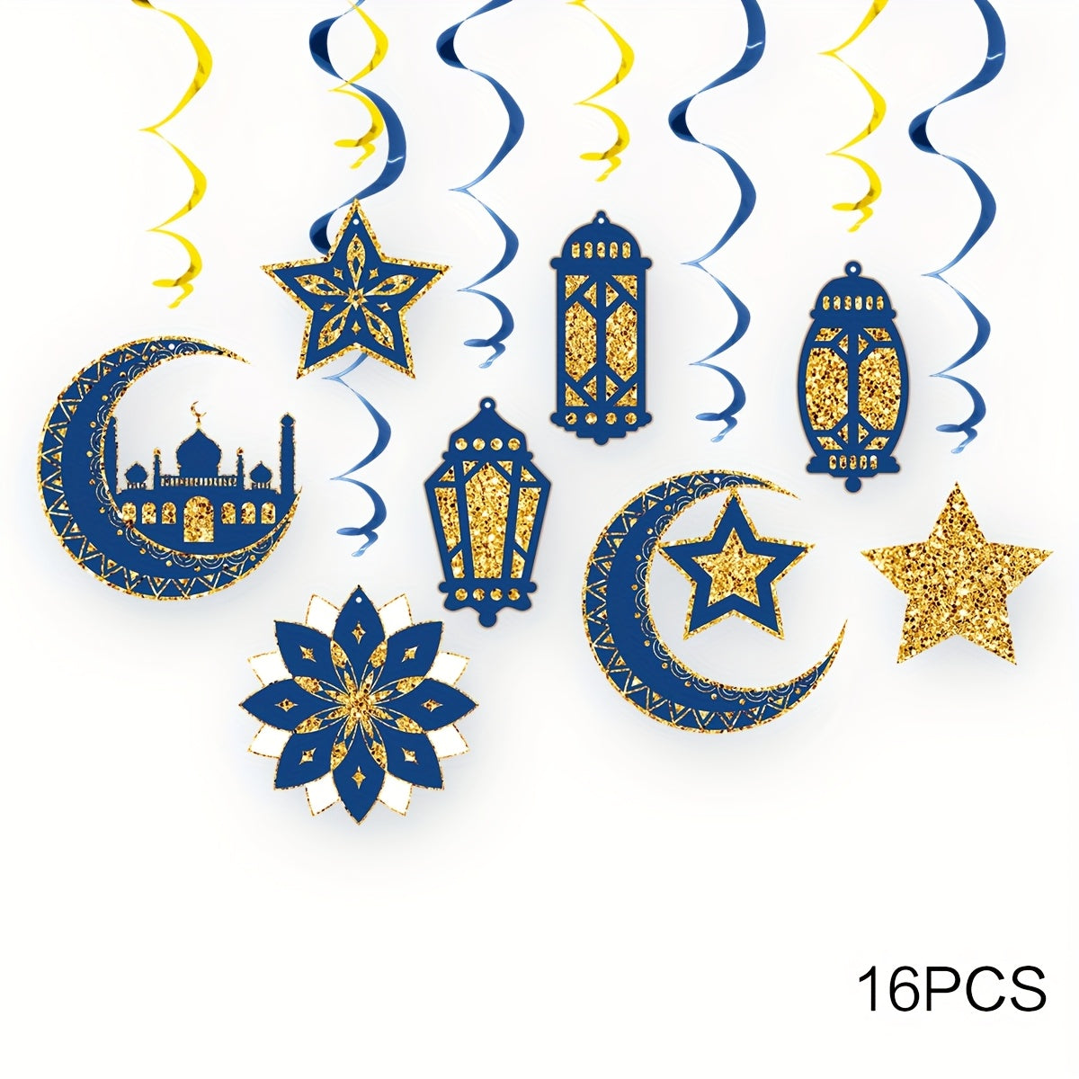 16pcs Islamic Ramadan & Eid Al-Fitr Ceiling Decorations Suitable for Muslim Parties - Elegant Islamic Spiral Stairs with & Islamic Motifs, Ceiling Hanging Ornaments for Ramadan, Eid, Muslim (Paper)
