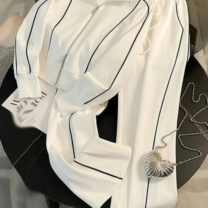 طقم نسائي من قطعتين، جاكيت بسحاب متعدد الألوان وبنطلون برباط، مناسب للربيع والخريف