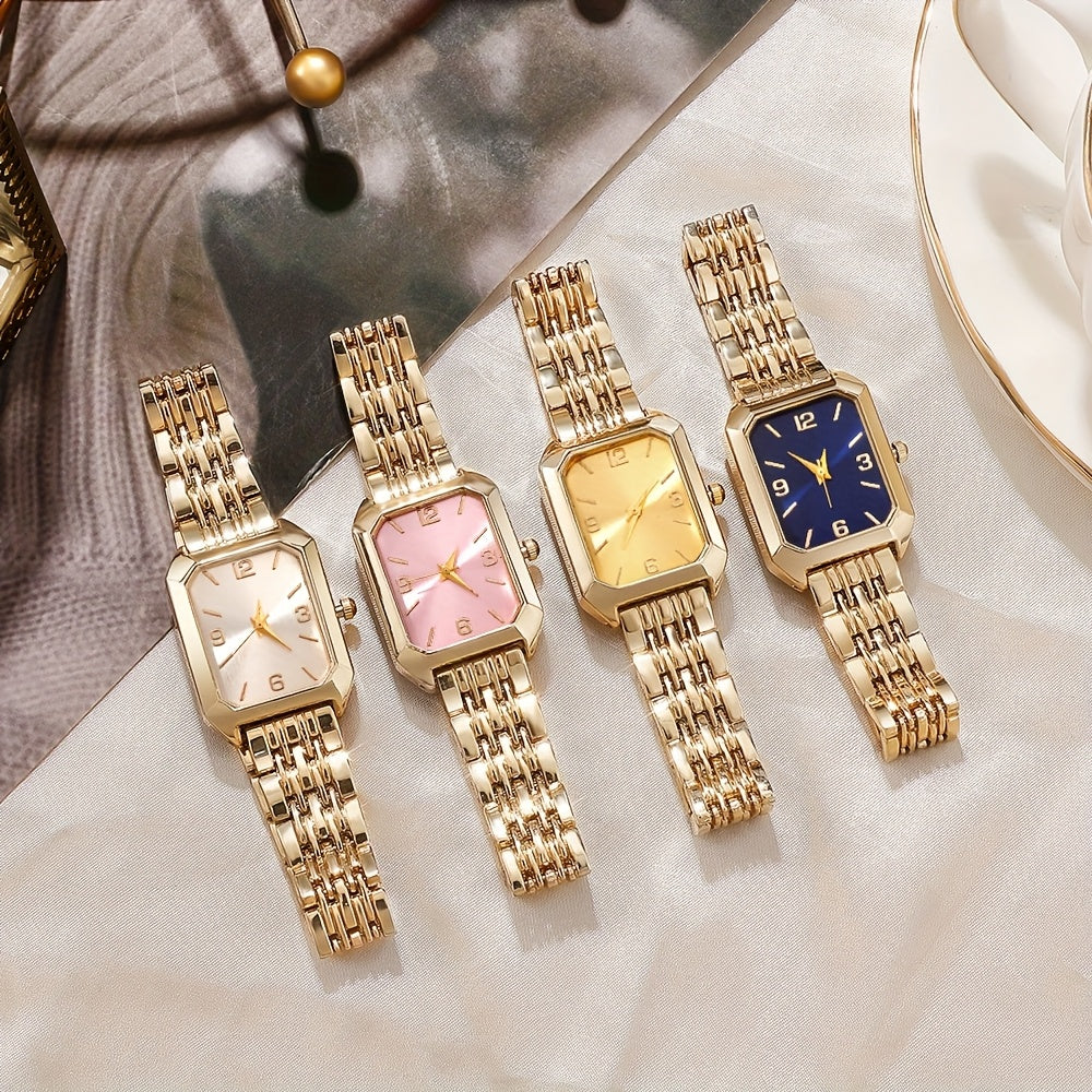 Women’s 4-Piece Quartz Watch Gift Set – Stylish Retro Rectangular Dial with Comfortable Alloy Straps, Perfect for Daily Wear & Gifting