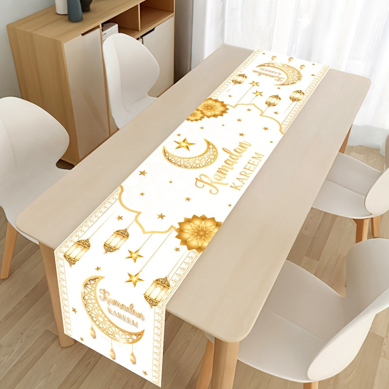 1pc Patimate Ramadan Kareem & Eid Mubarak Table Runner - White & Golden Islamic Crescent Moon and Star Decorations, Muslim Home Table Decor Suitable for Ramadan & Eid Al-Fitr Celebrations, Elegant Islamic Table Cover