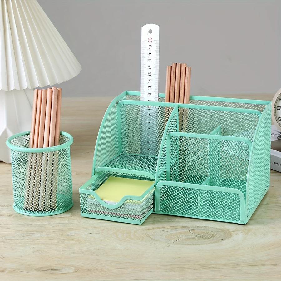 2-Piece Mesh Desk Organizer Set with Sticky Note Holder – Expandable Rustproof Iron Caddy for Home, Office & School Supplies (Black, Green, Pink, Purple)