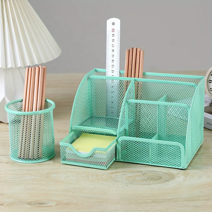 2-Piece Mesh Desk Organizer Set with Sticky Note Holder – Expandable Rustproof Iron Caddy for Home, Office & School Supplies (Black, Green, Pink, Purple)