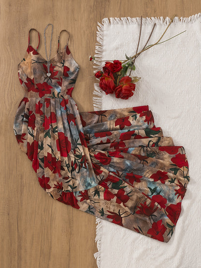 Women’s Vintage Floral Spaghetti-Strap Ball Gown – Large Skirt Dress for Elegant Outings & Date Nights