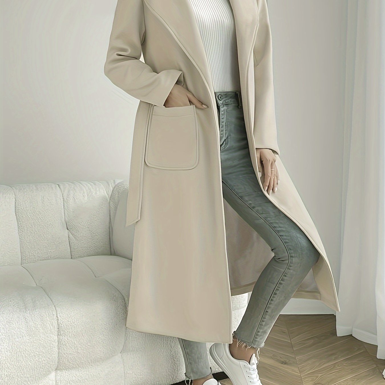 Women's Elegant Beige Trench Coat – Belted Long Sleeve Jacket with Pockets, Classic Collar & Structured Design for Spring & Fall