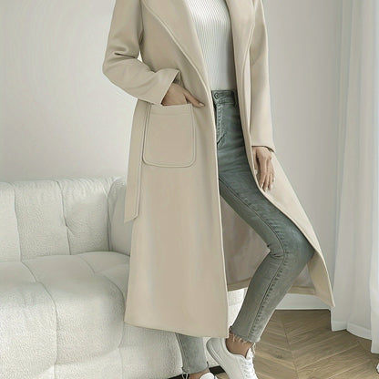 Women's Elegant Beige Trench Coat – Belted Long Sleeve Jacket with Pockets, Classic Collar & Structured Design for Spring & Fall