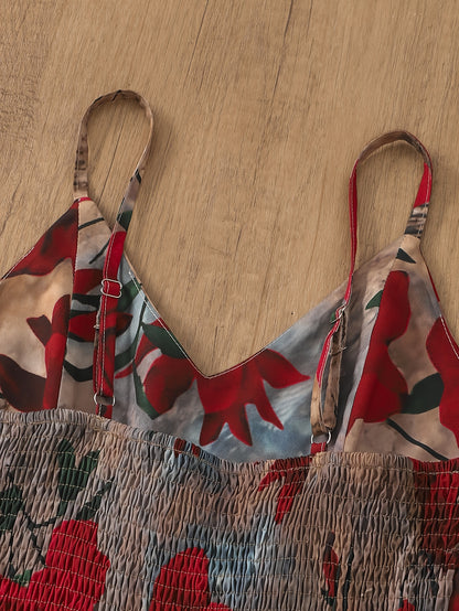 Women’s Vintage Floral Spaghetti-Strap Ball Gown – Large Skirt Dress for Elegant Outings & Date Nights