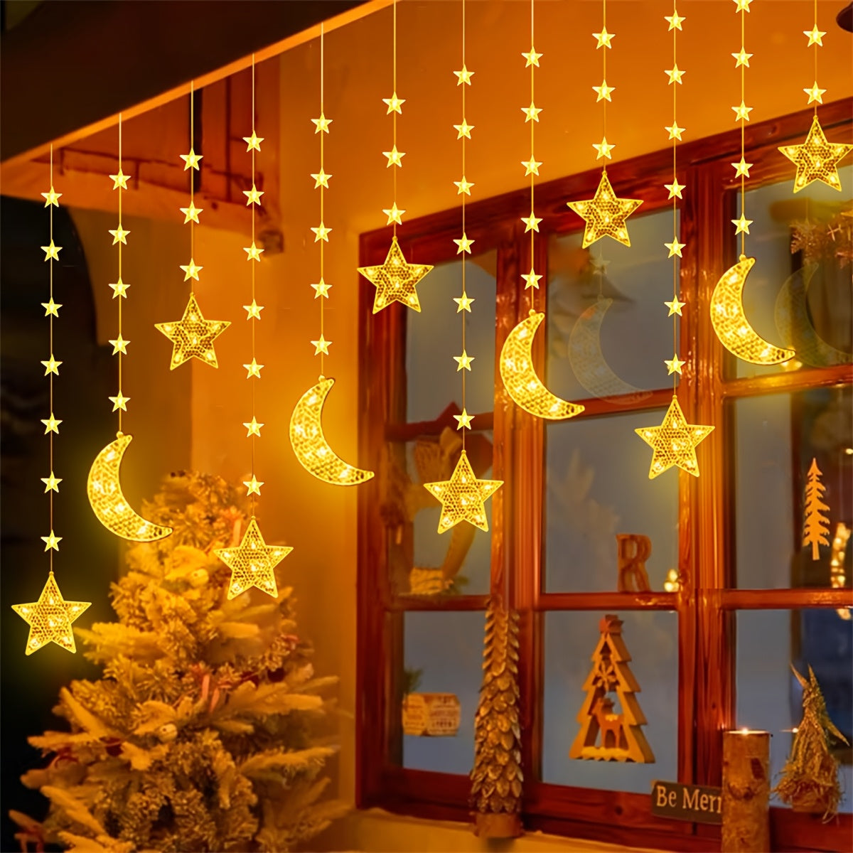 1pc Moon & Star LED String Lights, 8 Lighted Modes, 300cm/9.84ft USB Powered Fairy Light, Suitable for Ramadan, Eid Al-Fitr, Eid Al-Adha, Home, Bedroom, Living Room, Wall, Wedding, Birthday, Party, Family Gathering, Festival