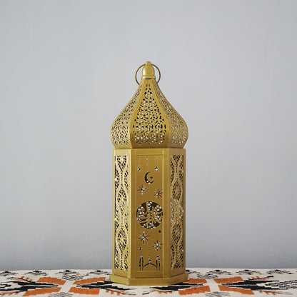 1pc Moroccan Style LED Lantern - Battery-Powered with 3 AAA Batteries (Not Included), Intricate Iron Design with Crescent Moon & Stars, Warm Glow for Ramadan Eid Weddings Home Decor, Tabletop Decoration | Decorative LED Lante