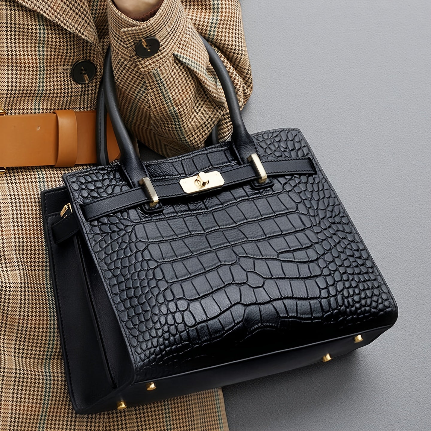 AKFU Women's Genuine Leather Handbag – Crocodile Texture Convertible Crossbody & Clutch with Detachable Strap