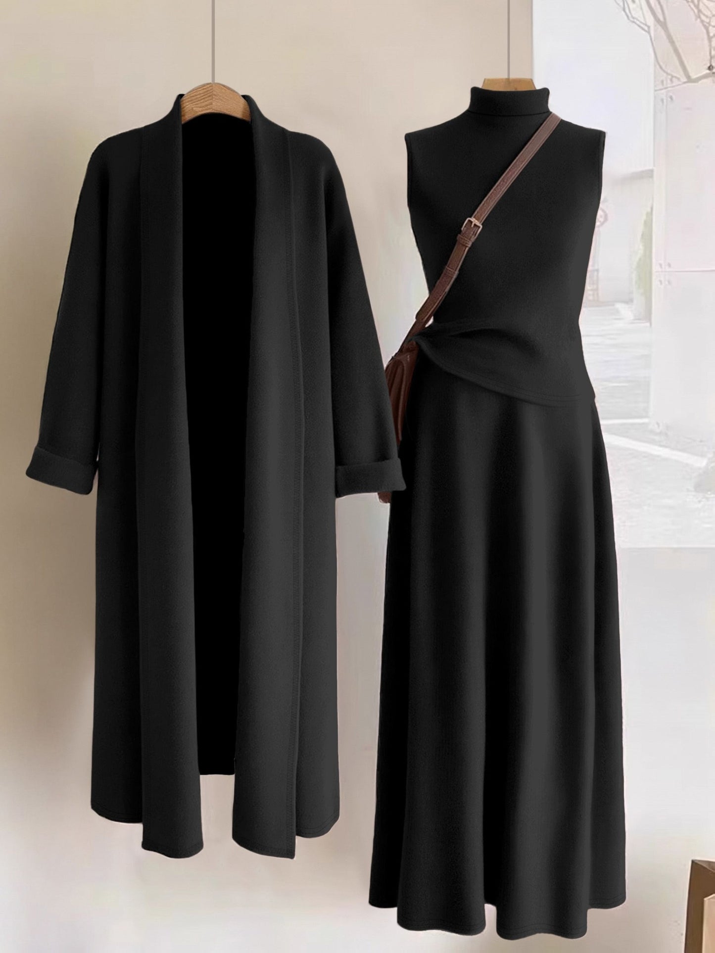 Women’s Elegant 3-Piece Outfit Set – Long Cardigan Jacket, High-Neck Vest & Skirt, Solid Color Chic Ensemble for Casual or Formal Events