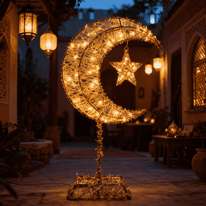 1pc Ramadan Decoration Featuring a Large Moon and Stars, Equipped with 20 LED Lights, Battery-powered, with a Metal Cutout Design. Easy-to-install Ramadan Ornament, Suitable for Festive and Celebratory Home Decor. Requires 2