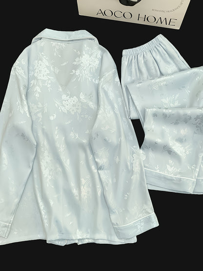 2025 Women’s Ice-Silky Fiber Two-Piece Set – Lightweight Long-Sleeve Top with Chest Pad & Loose Pants, Soft Summer Home Wear in Blue