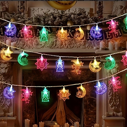 سلسلة إضاءة LED على شكل قلعة ونجمة وقلعة رمضانية، طولها 59 بوصة/10 مصابيح LED، تُستخدم كثريات جدارية داخلية في المنازل، في فصلي الربيع والصيف، وفي المهرجانات والمناسبات؛ مثالية لتزيين الأجواء الإسلامية.