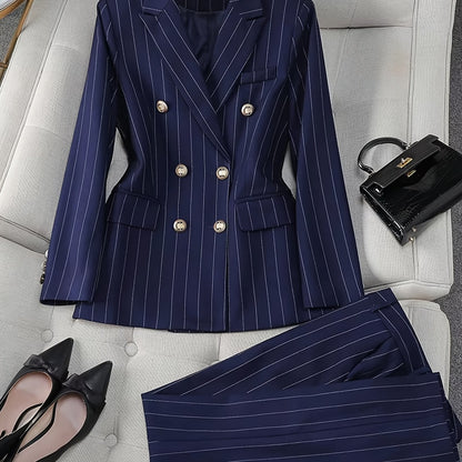 Blue Striped Women's Two-Piece Suit with Double-Breasted Business Casual Office Pants Set
