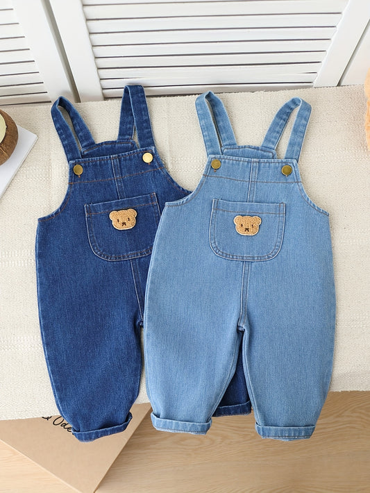 2-Piece Baby Boys’ Faux Denim Overalls – Adjustable Strap Rompers with Cute Bear Pockets, Regular-Fit All-Season Outfit for Outdoor Play