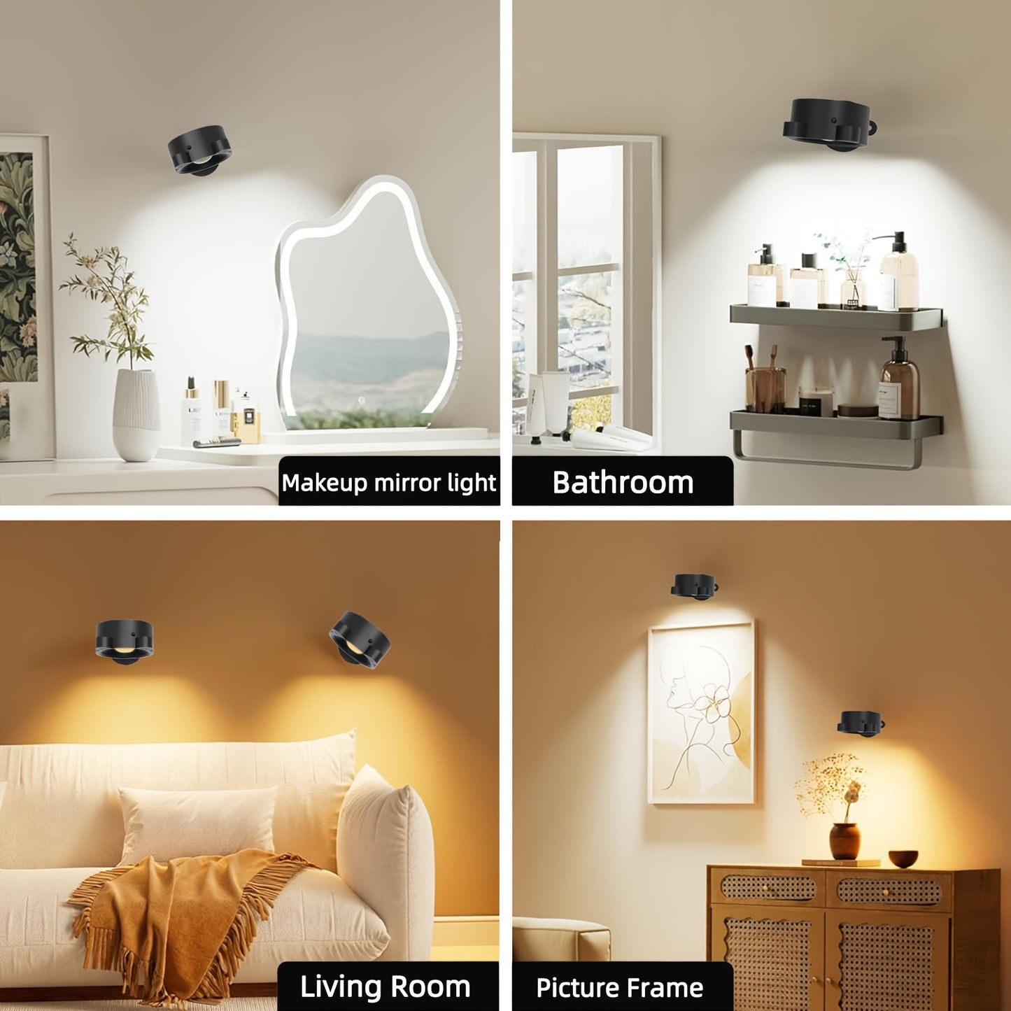 Rechargeable LED Wall Lamp – 360° Rotating Spotlight with Remote & Touch Control, 3-Color Dimming for Home & Gallery