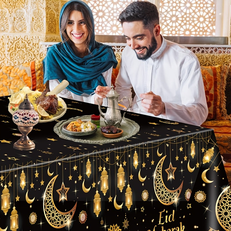 1pc,Moon Star Lantern Eid Mubarak Tablecloth,130*220cm PE Tablecover,Black Gold Table Cloth,Ramadan Decoration for Home,Eid Al-Fitr Gifts,Islamic Muslim Party Supplies,Ramadan Kareem Eid Al Adha Table Decoration
