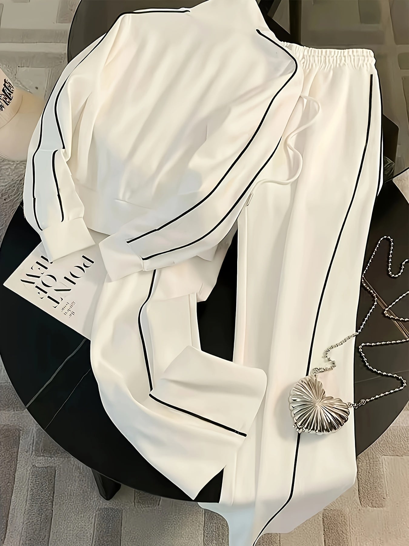 طقم نسائي من قطعتين، جاكيت بسحاب متعدد الألوان وبنطلون برباط، مناسب للربيع والخريف