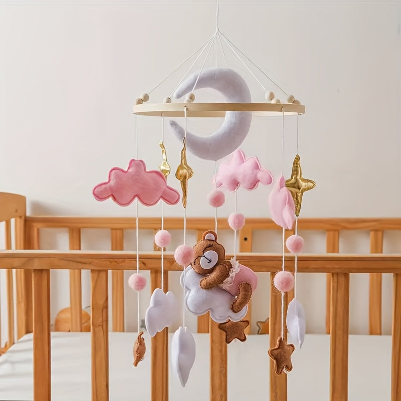 Handmade Baby Sheep & Moon-Star Crib Mobile – Soft Pastel Pink Hanging Nursery Bell with Soothing Sound, Sensory Activity Toy & Baby Shower Gift