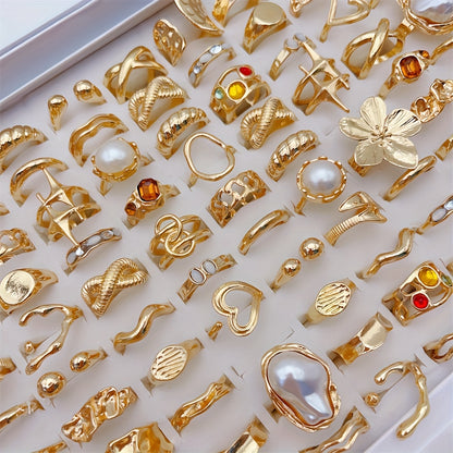 33-Piece Large Flower Ring Set for Women – Mixed Hollow Designs with Colorful Rhinestones & Irregular Heart Shapes, Perfect for Parties & Friendship Gifts