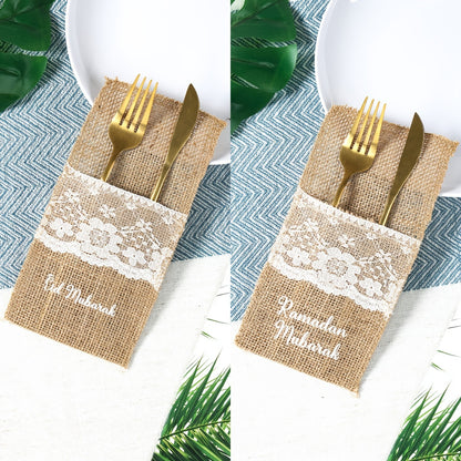 5pcs Burlap Fork Bags | Ramadan Mubarak Tableware, Islamic Muslim Party Decoration, Eid Al-Fitr and Eid Al Adha Gifts, Frohes Ramadan-Fest, Alles Gute zum Fastenbrecher-Fest, L'Aid al-Fitr Mubarak