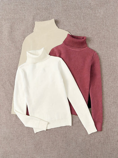 طقم سويت شيرت نسائي من 3 قطع برقبة عالية - ملابس تريكو خريف/شتاء