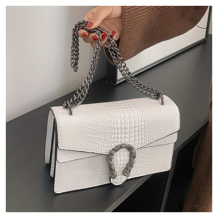 Women’s Luxury Crocodile-Embossed Crossbody Bag – Vintage Faux Leather Shoulder Purse with Adjustable Chain Strap, Zipper & Snap Closure, G-Style Design