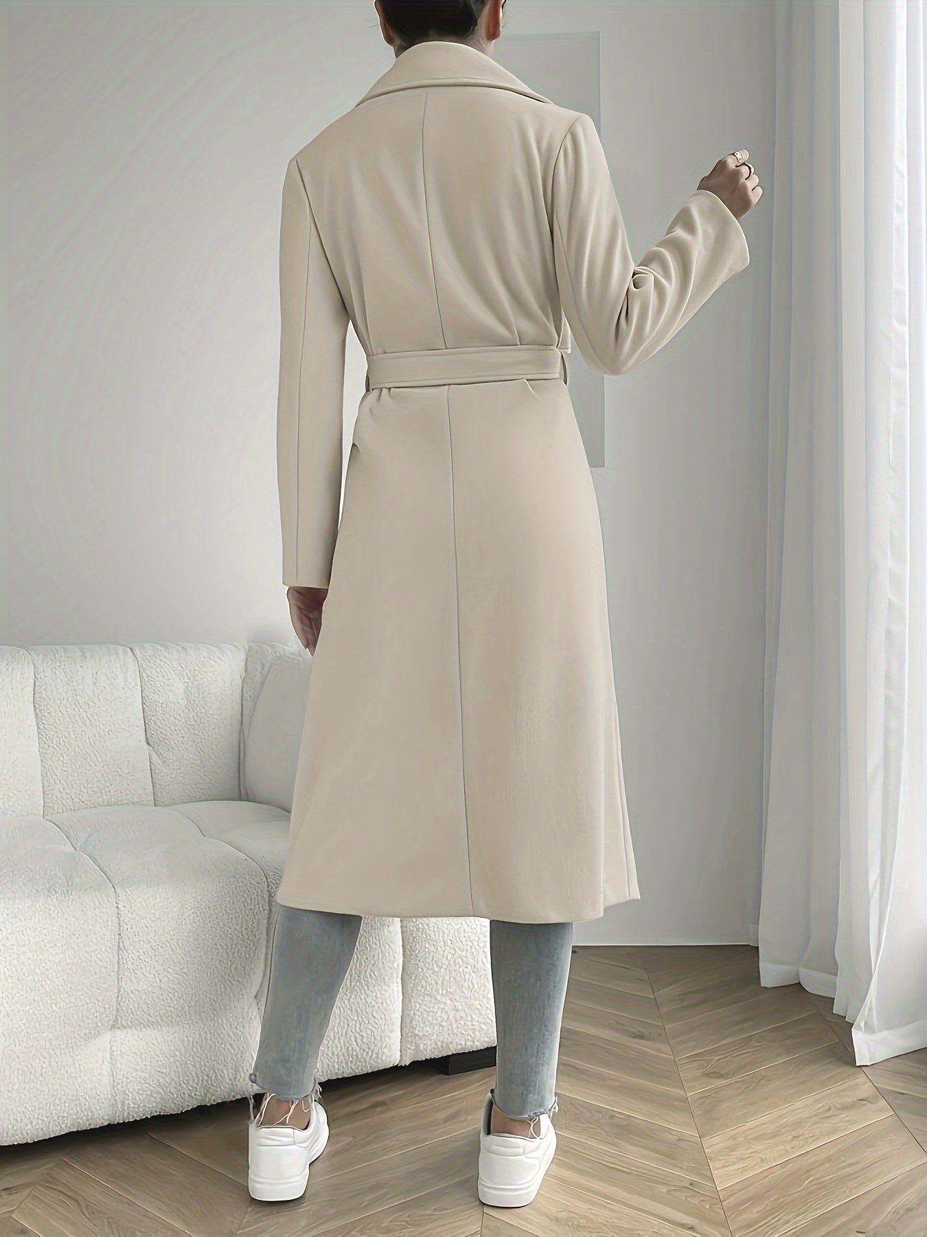 Women's Elegant Beige Trench Coat – Belted Long Sleeve Jacket with Pockets, Classic Collar & Structured Design for Spring & Fall