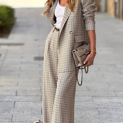 Women’s Two-Tone Plaid Blazer & Pants Set — Double-Breasted, Long Sleeve, Loose Fit, All-Season Wear