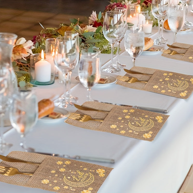 Set of 5 Burlap Bags Featuring Flowers, Perfect for Eid And Ramadan. These Bags Can Hold Knives And Forks And Serve As Festive Decorations for Your Home, Ideal for Islamic Muslim Gatherings And Tableware