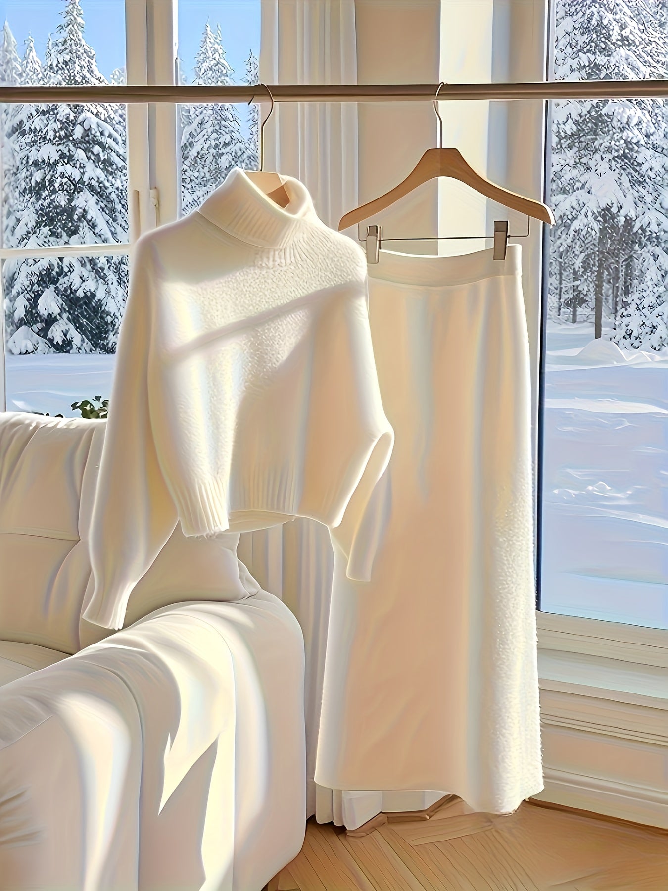 طقم ملابس تريكو نسائي لفصل الخريف والشتاء - فستان طويل فضفاض مع سترة بياقة عالية، بلون واحد